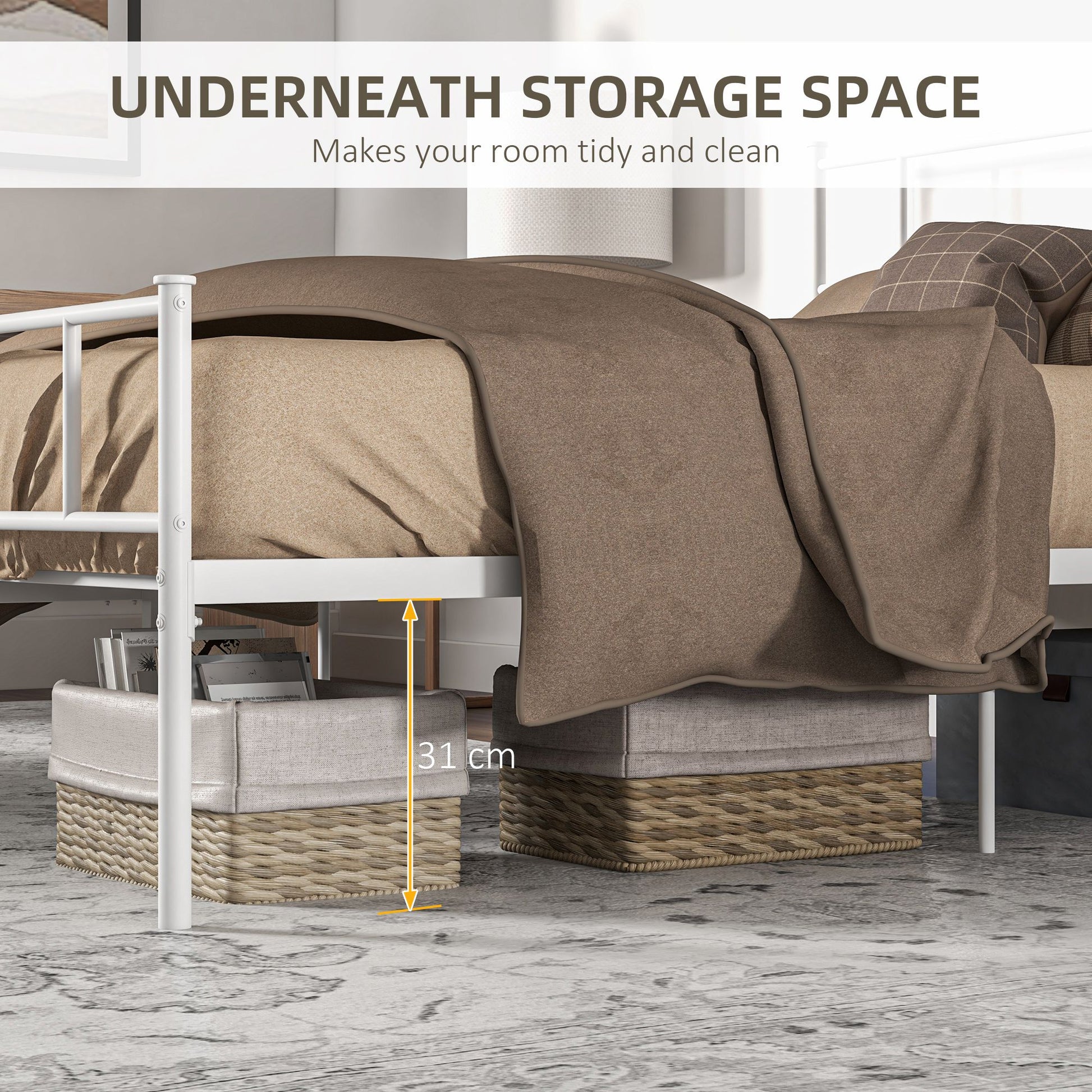 HOMCOM King Bed Frame, Metal Bed Base with Headboard and Footboard, Metal Slat Support and 31cm Underbed Storage Space