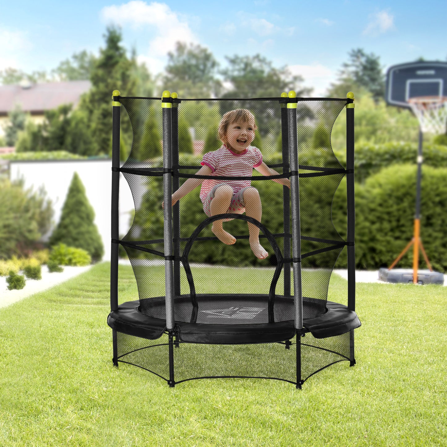 HOMCOM 5.2FT Kids Trampoline with Safety Enclosure, Indoor Outdoor Toddler Trampoline for Ages 3-10 Years, Black