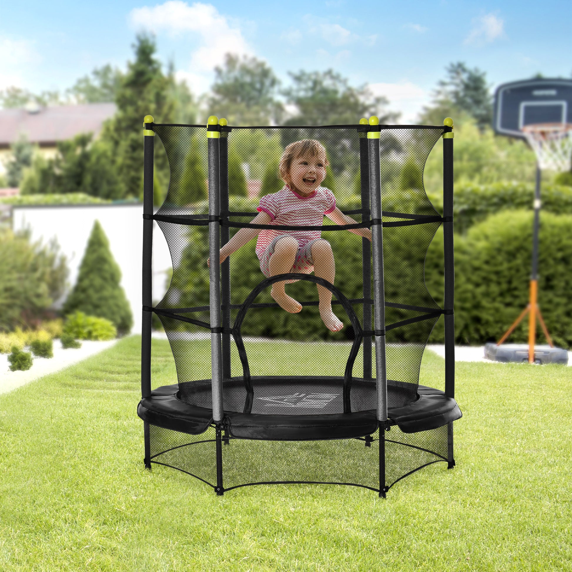 HOMCOM 5.2FT Kids Trampoline with Safety Enclosure, Indoor Outdoor Toddler Trampoline for Ages 3-10 Years, Black