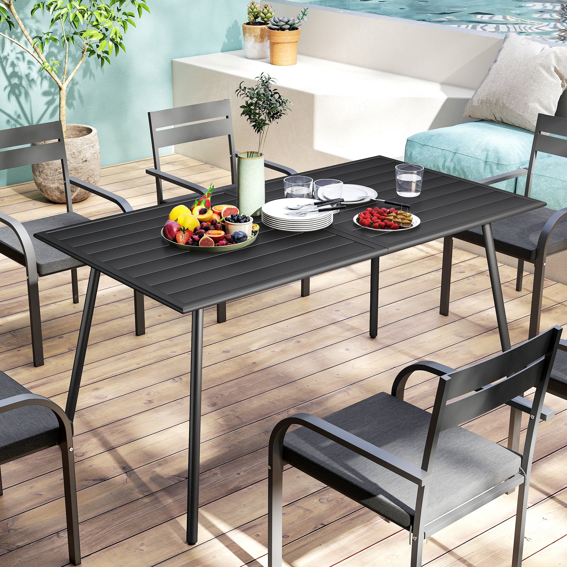 Outsunny Rectangle Garden Table with Slat Top, Steel Frame, Outdoor Table for 6 Person, 150 x 80 x 74 cm, Black