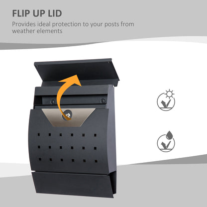 HOMCOM Steel Wall Mounted Mail Box Post Letter Newspaper Holder Outdoor Lockable with Waterproof  Lid -  Black