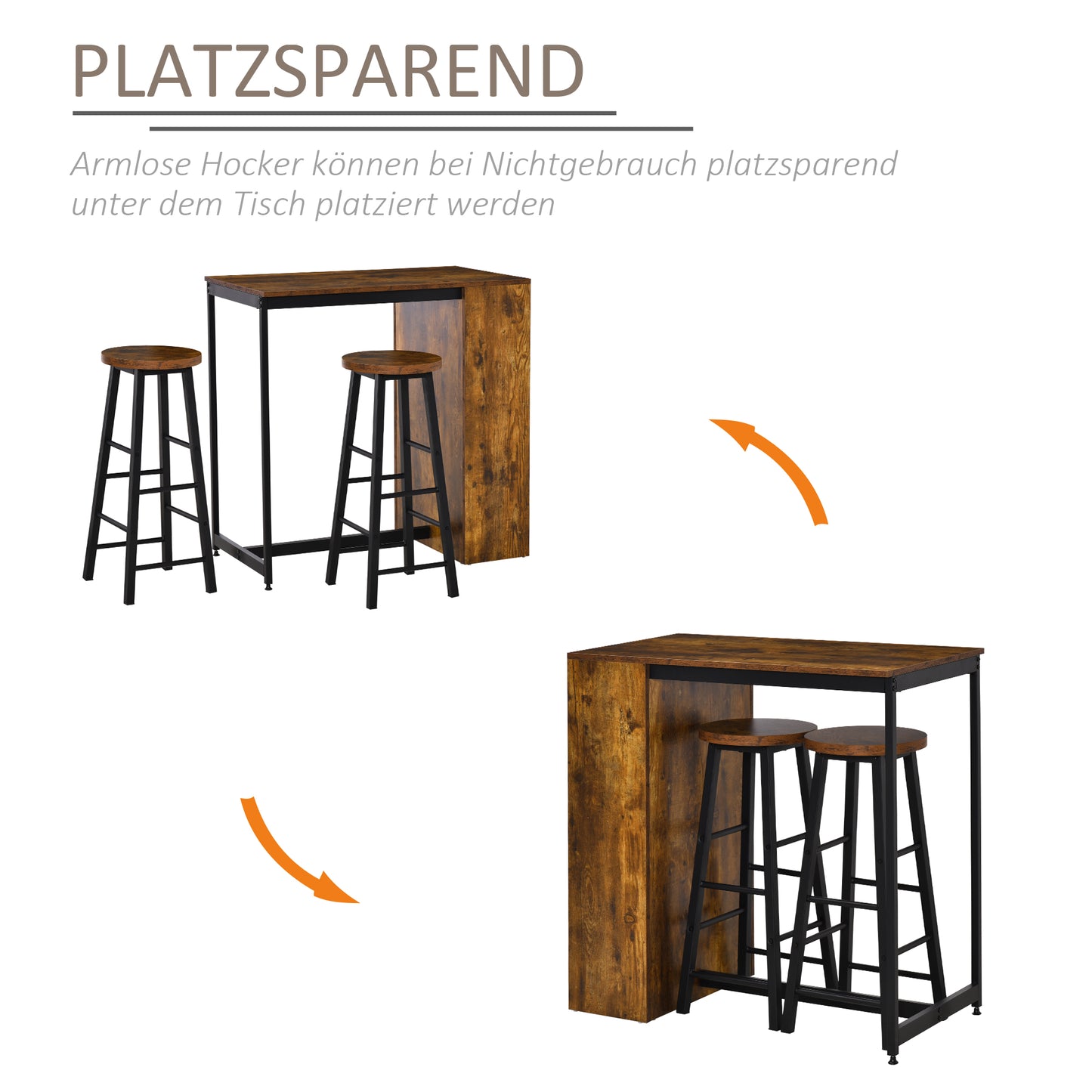 HOMCOM 3 Piece Industrial Style Bar Table Set, Pub Dining Table Set Height Table and 2 Stools with Storage Shelf, Rustic Brown