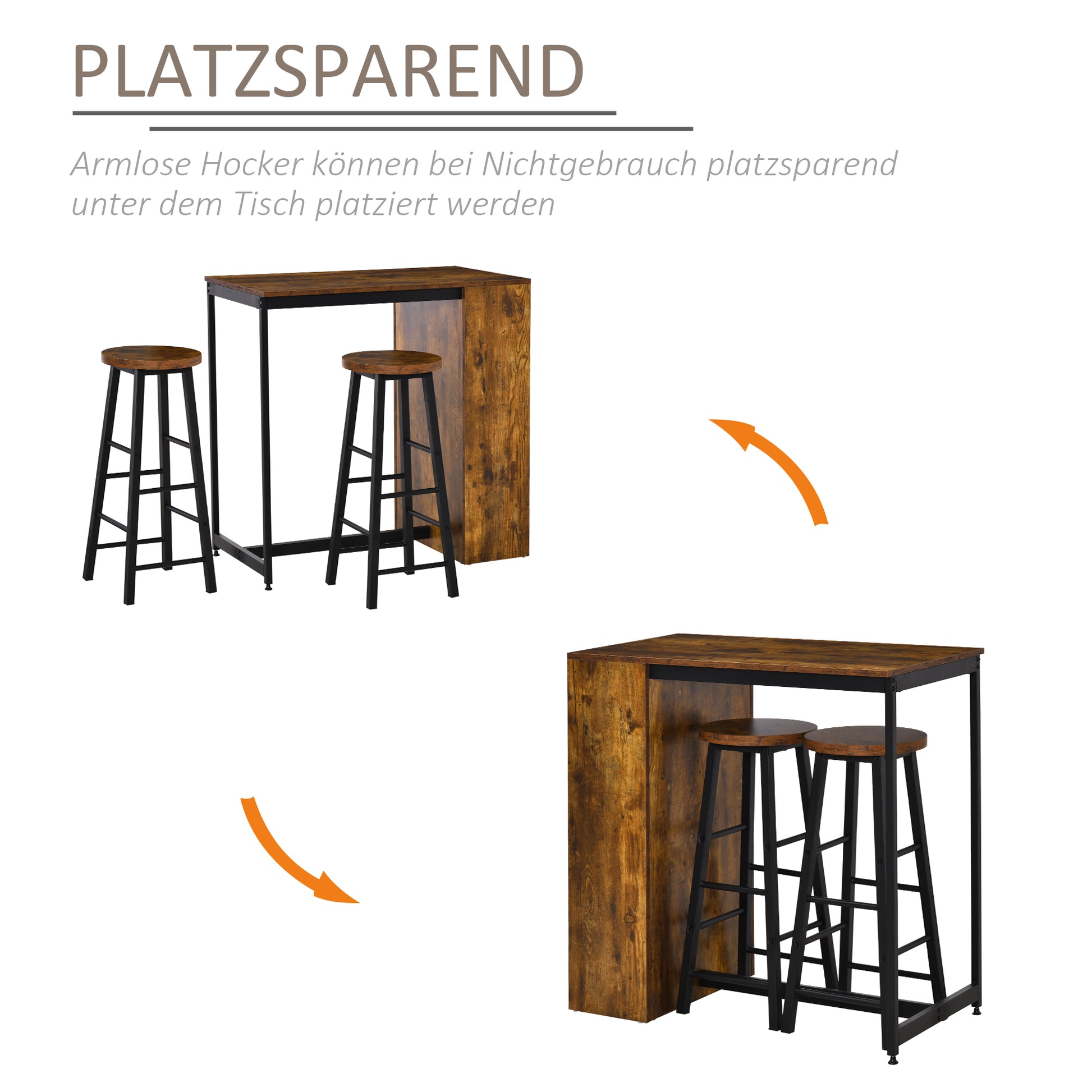 HOMCOM 3 Piece Industrial Style Bar Table Set, Pub Dining Table Set Height Table and 2 Stools with Storage Shelf, Rustic Brown