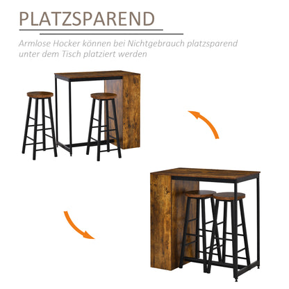 HOMCOM 3 Piece Industrial Style Bar Table Set, Pub Dining Table Set Height Table and 2 Stools with Storage Shelf, Rustic Brown
