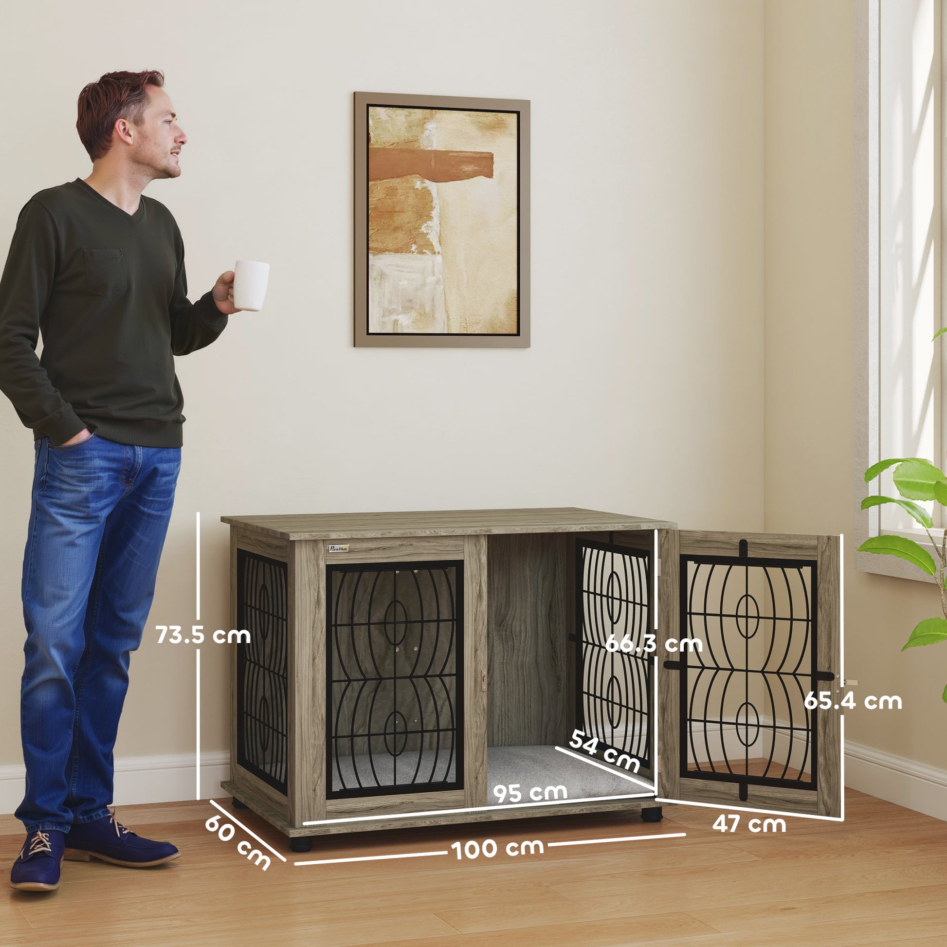 PawHut Indoor Dog Crate Furniture End Table with Soft Washable Cushion, Lockable Front Door, for Large Dogs - Grey