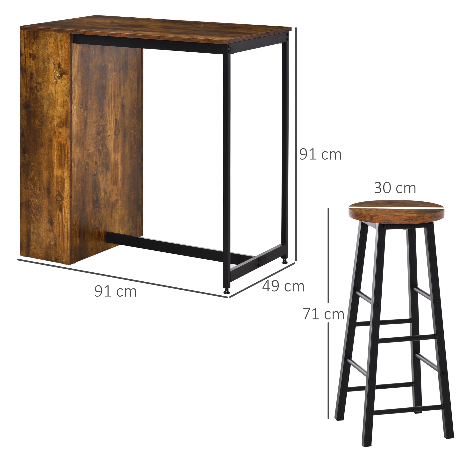 HOMCOM 3 Piece Industrial Style Bar Table Set, Pub Dining Table Set Height Table and 2 Stools with Storage Shelf, Rustic Brown