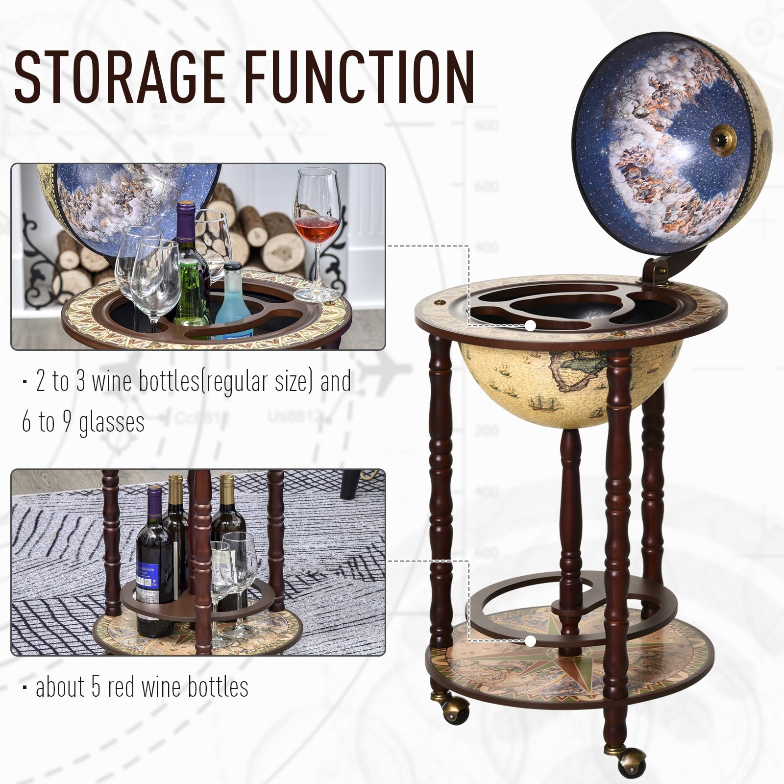 HOMCOM Globe Shaped Retro Style Mini Bar Drink Cabinet Mobile Wine Alcohol Beverage Storage Trolley Glass Bottle Holder w/ Wheels