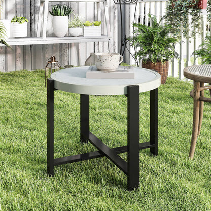Outsunny Round Small Garden Table, 60cm Outdoor Side Table with Faux Marble Tempered Glass Top, Aluminium Frame for Garden, Patio, Balcony, Light Grey
