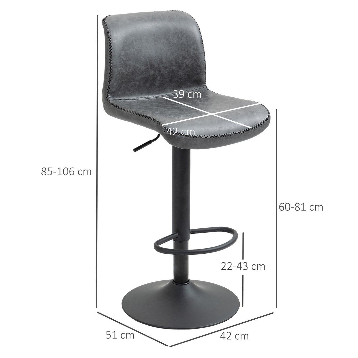 HOMCOM Set of 2 Leather Bar Stool Adjustable Height Swivel Footrest and Base for Breakfast Bar, Kitchen and Home, Grey