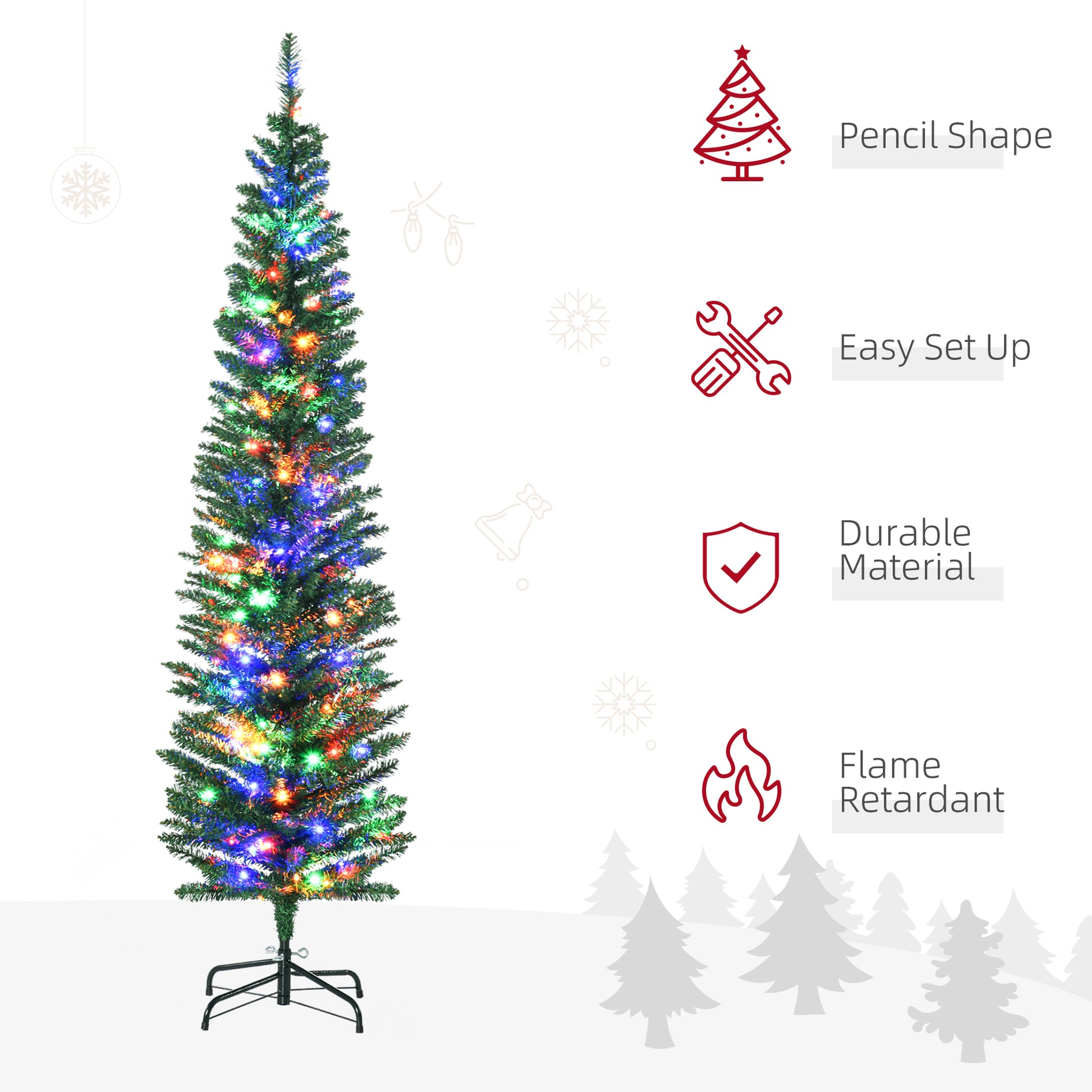 HOMCOM 6' Artificial Prelit Christmas Trees Holiday Décor with Colourful LED Lights, Pencil Shape, Steel Base