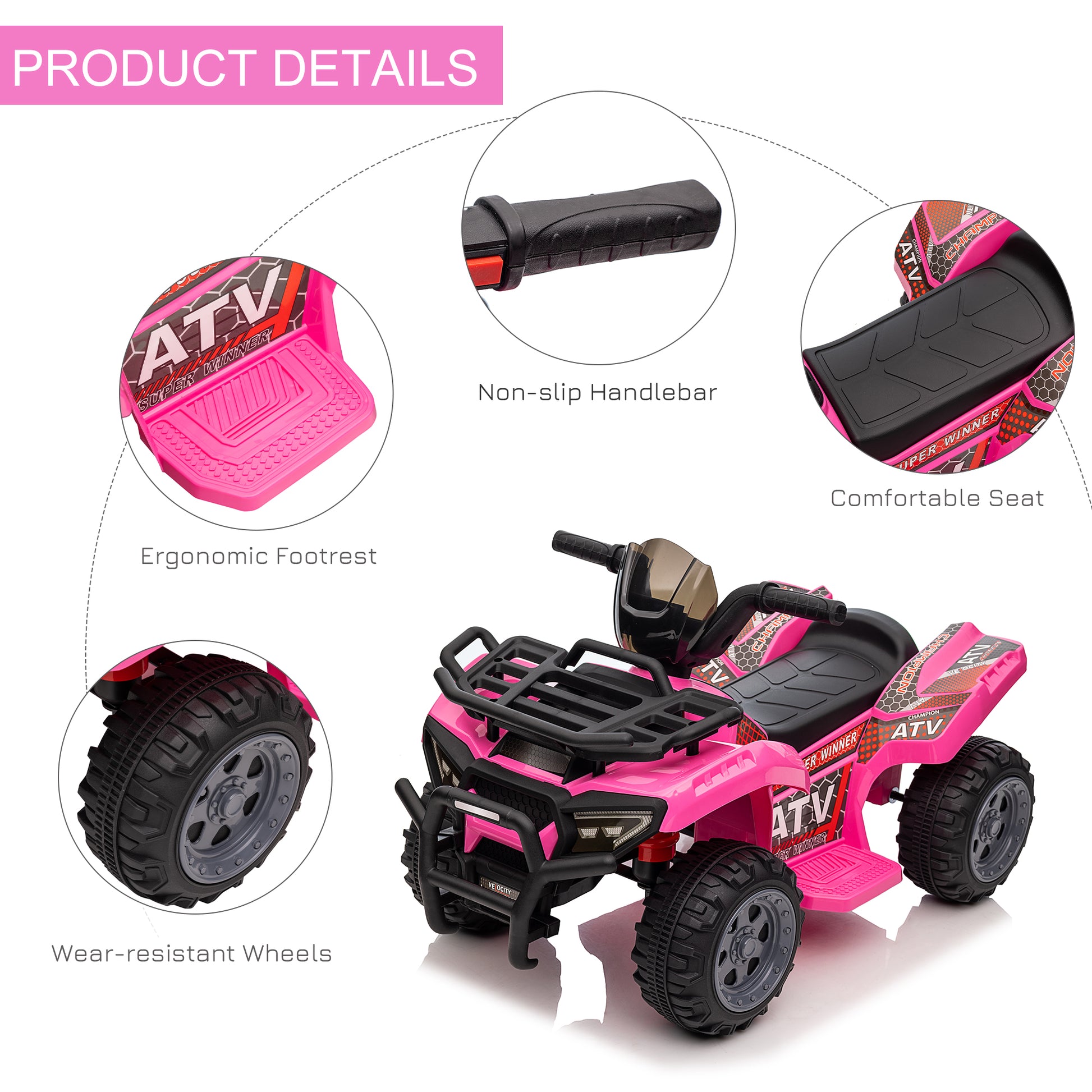 HOMCOM Kids Ride-on Four Wheeler ATV Car with Real Working Headlights, 6V Battery Powered Motorcycle for 18-36 Months, Pink