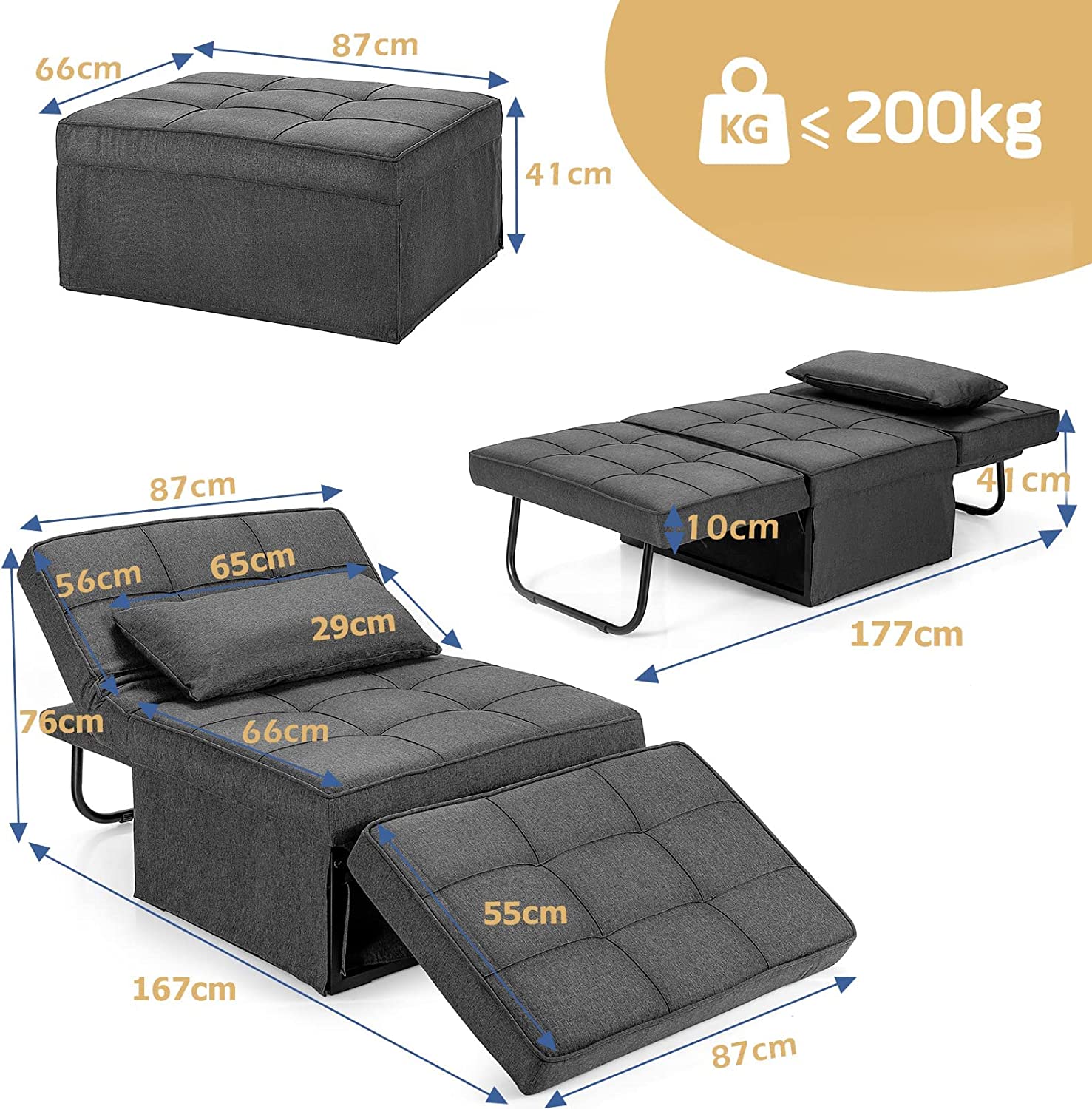 4 in 1 Convertible Sofa Bed with Adjustable Backrest-Grey
