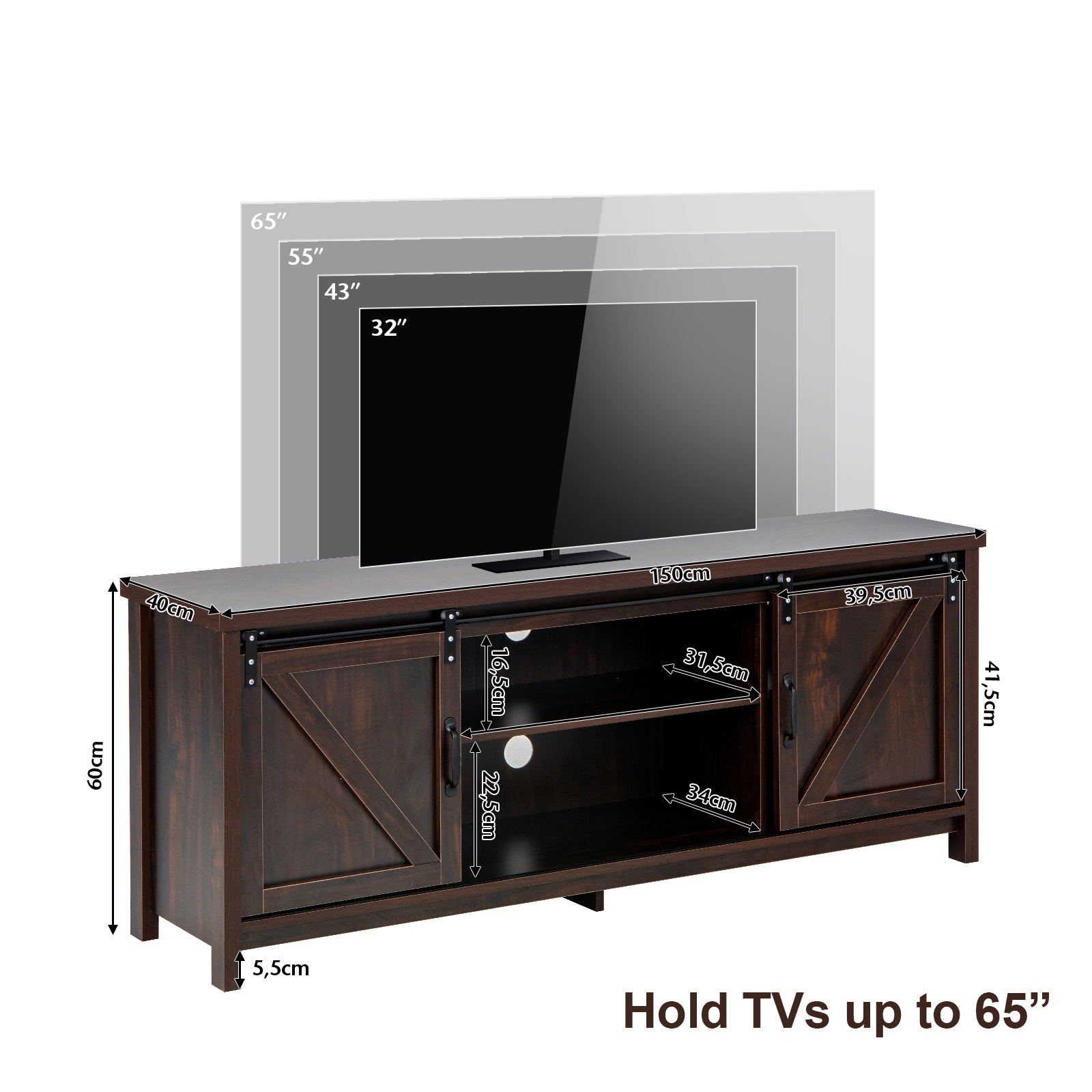 TV Stand with Sliding Barn Doors for TVs up to 65 Inches