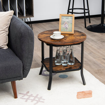 2-Tier Industrial Round End Table-Rustic Brown