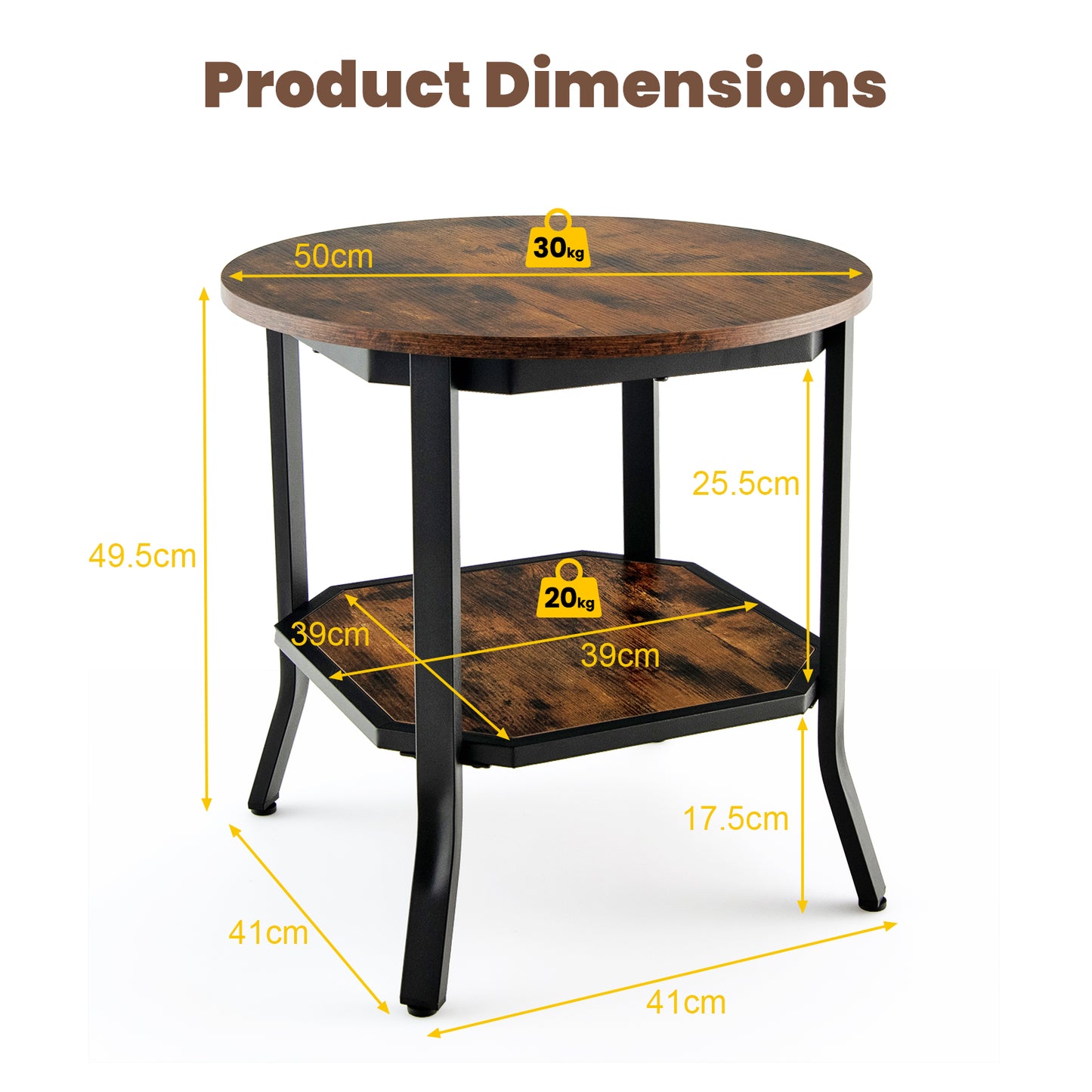 2-Tier Industrial Round End Table-Rustic Brown