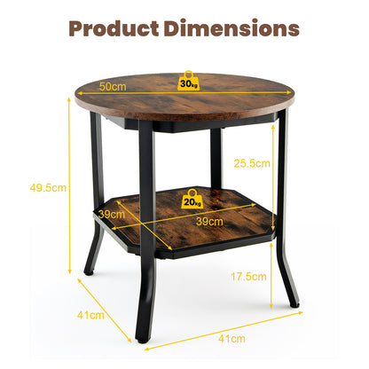 2-Tier Industrial Round End Table-Rustic Brown