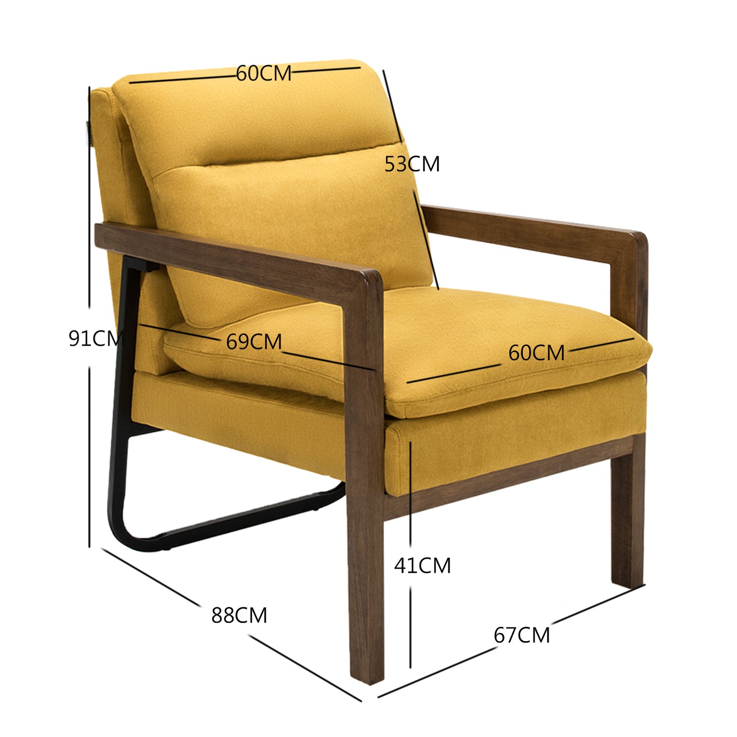 Accent Upholstered Armchair with Padded Backrest and Seat Cushion-Yellow