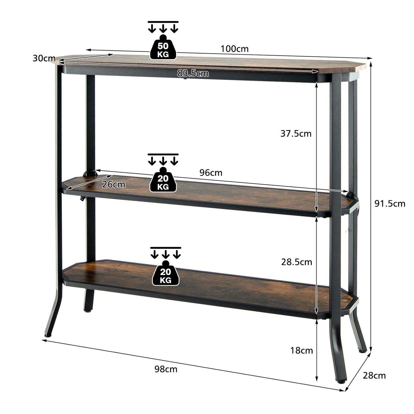  3-Tier Industrial Console Table with Storage Shelf for Home Living Room-Rustic Brown