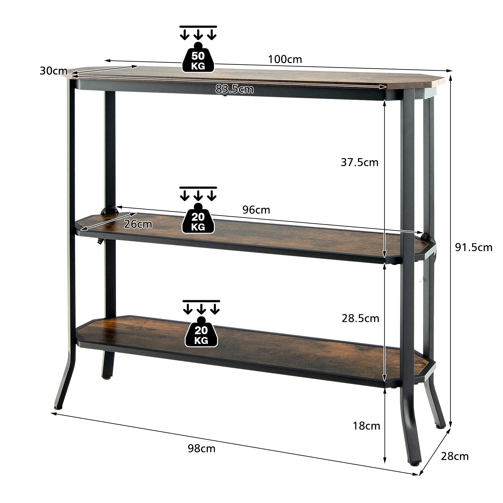  3-Tier Industrial Console Table with Storage Shelf for Home Living Room-Rustic Brown