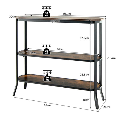  3-Tier Industrial Console Table with Storage Shelf for Home Living Room-Rustic Brown