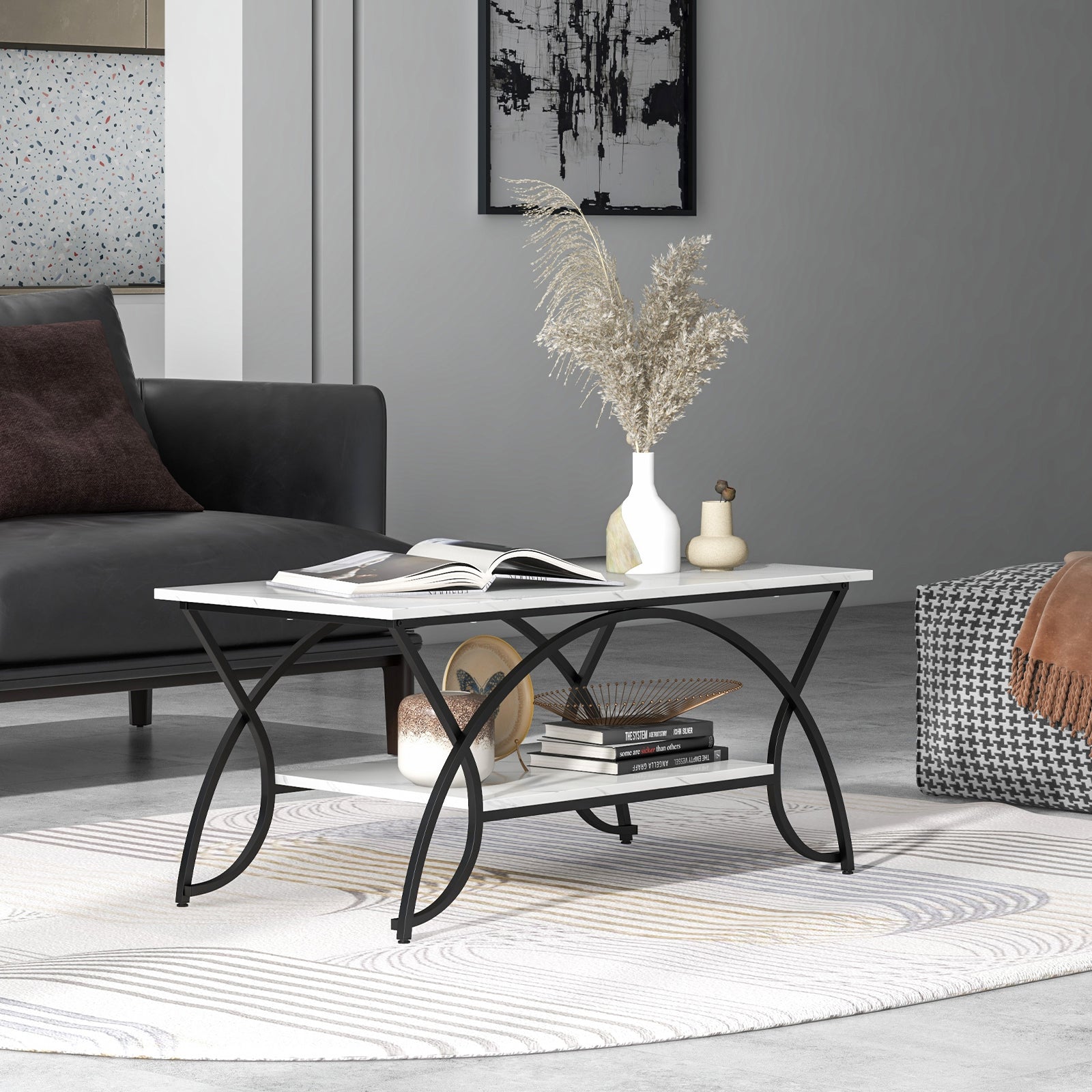 2-Tier Faux Marble Coffee Table with Golden Metal Frame-Marble White