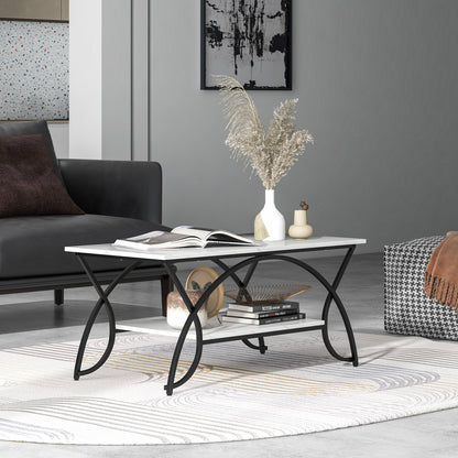 2-Tier Faux Marble Coffee Table with Golden Metal Frame-Marble White