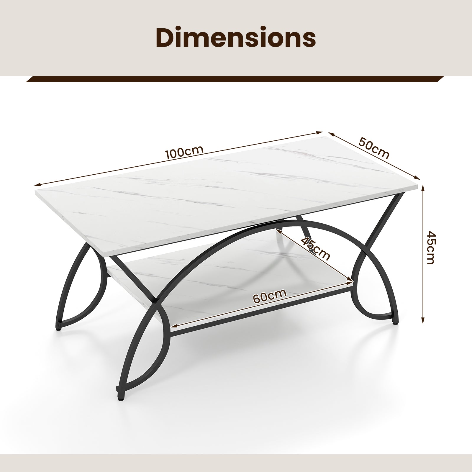 2-Tier Faux Marble Coffee Table with Golden Metal Frame-Marble White