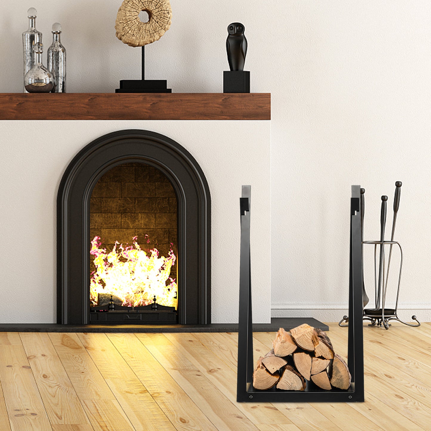 Firewood Log Rack with Solid Bottom Panel-Black