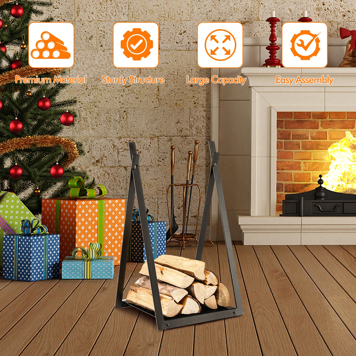 Firewood Log Rack with Solid Bottom Panel-Black