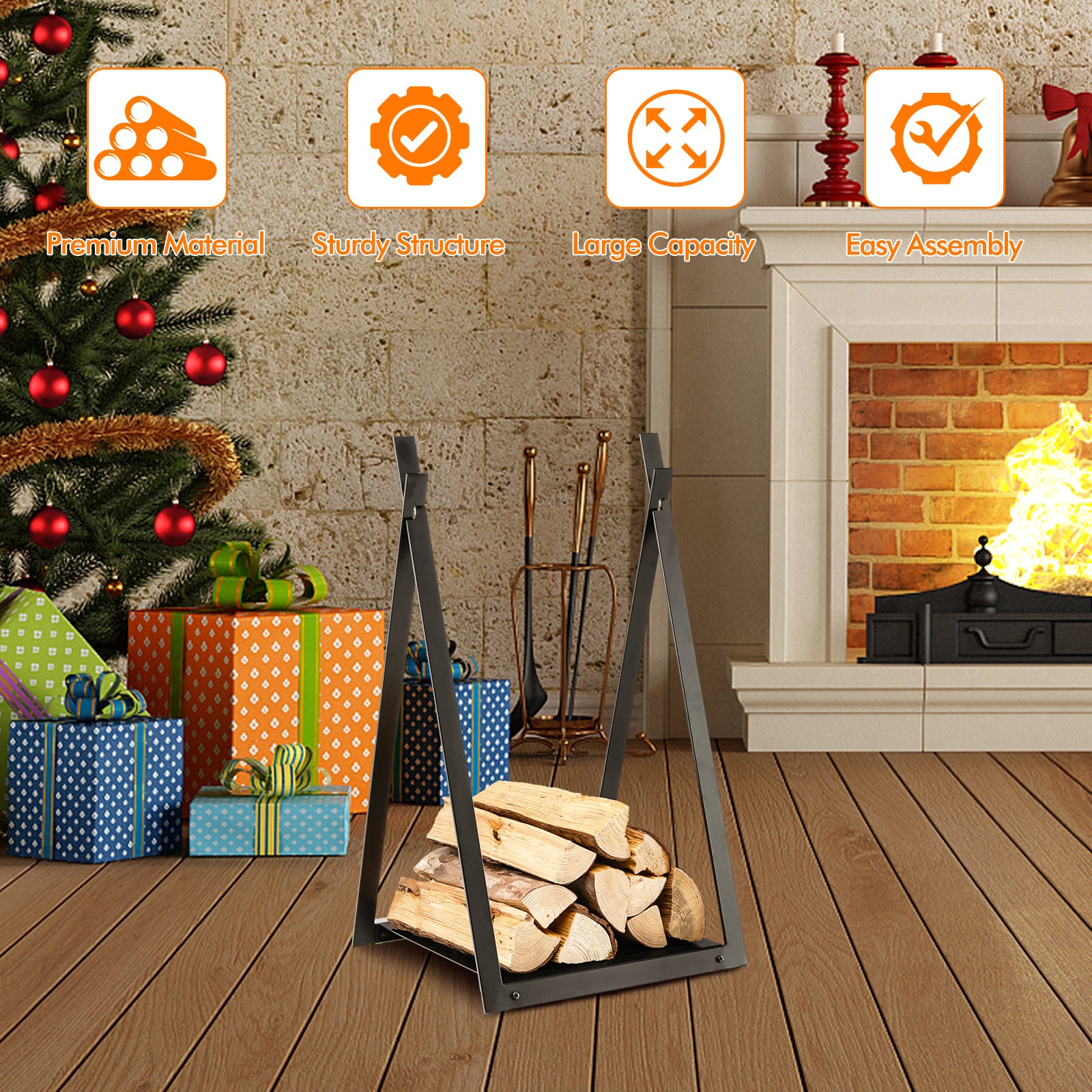 Firewood Log Rack with Solid Bottom Panel-Black