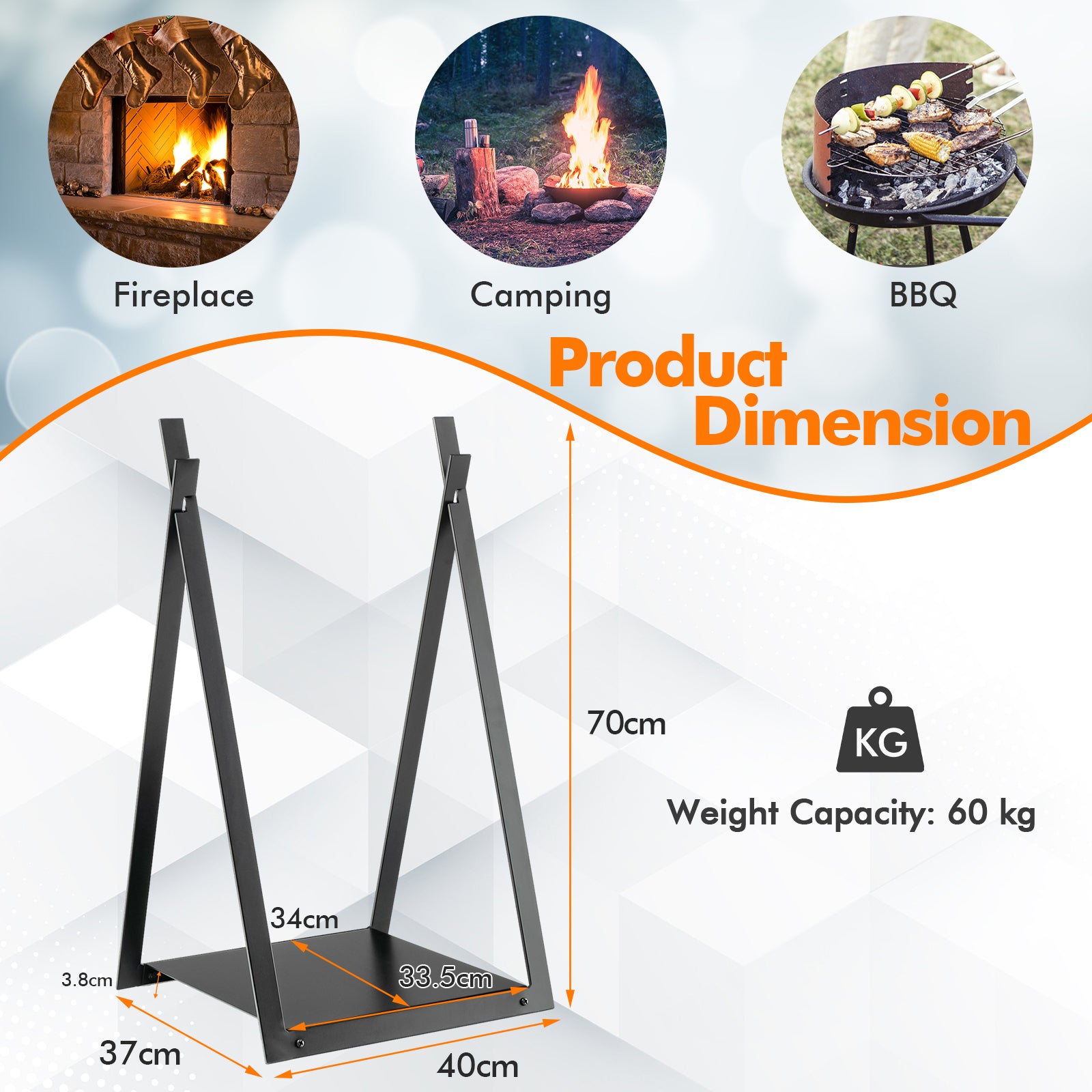Firewood Log Rack with Solid Bottom Panel-Black