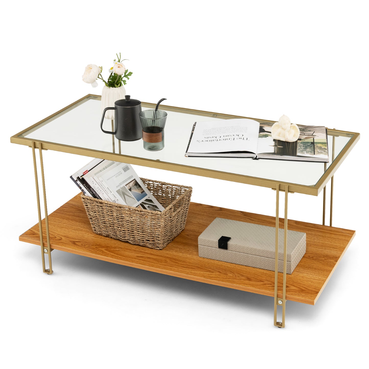  2-Tier Rectangular Cocktail Tea Center Table with Tempered Glass Top and Wooden Storage Shelf