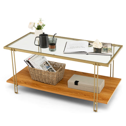  2-Tier Rectangular Cocktail Tea Center Table with Tempered Glass Top and Wooden Storage Shelf