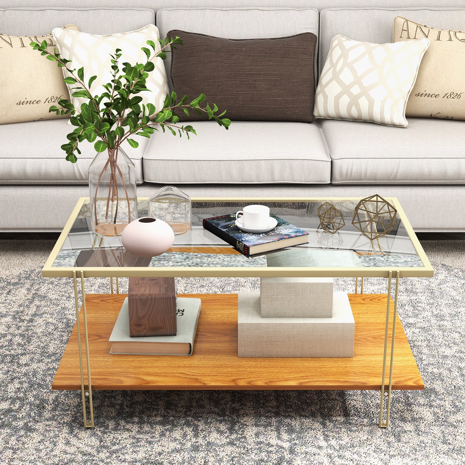  2-Tier Rectangular Cocktail Tea Center Table with Tempered Glass Top and Wooden Storage Shelf