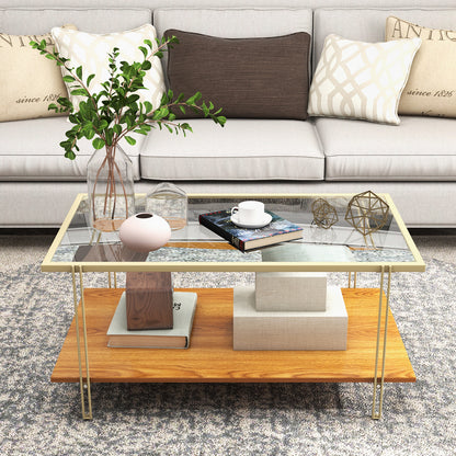  2-Tier Rectangular Cocktail Tea Center Table with Tempered Glass Top and Wooden Storage Shelf