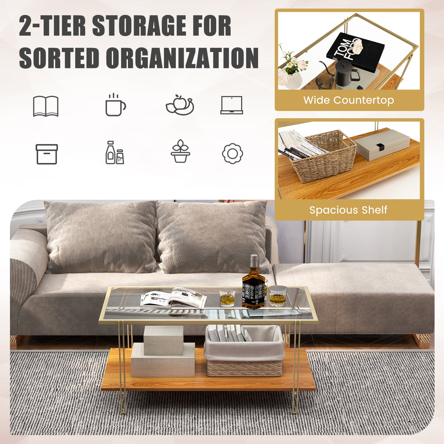  2-Tier Rectangular Cocktail Tea Center Table with Tempered Glass Top and Wooden Storage Shelf