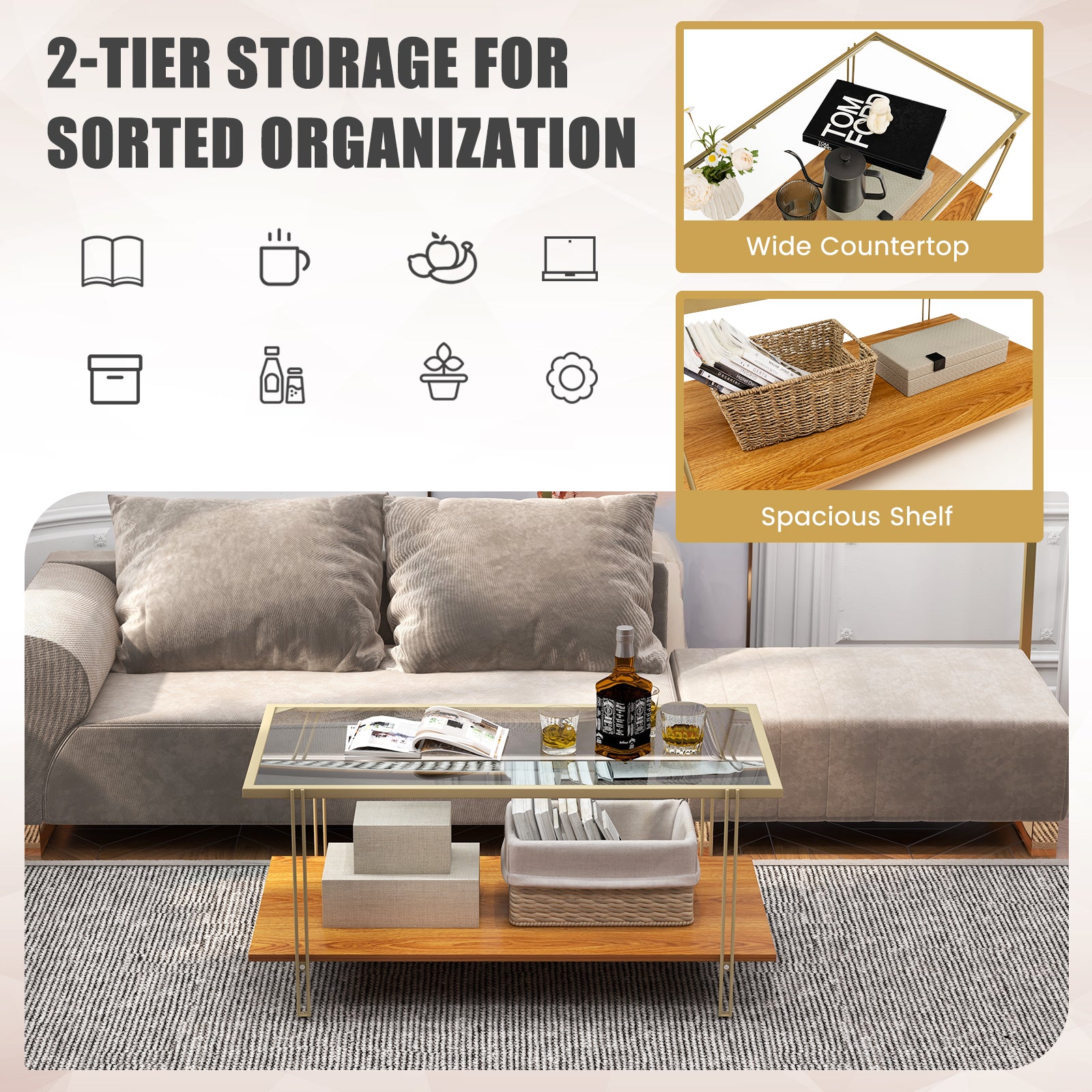  2-Tier Rectangular Cocktail Tea Center Table with Tempered Glass Top and Wooden Storage Shelf