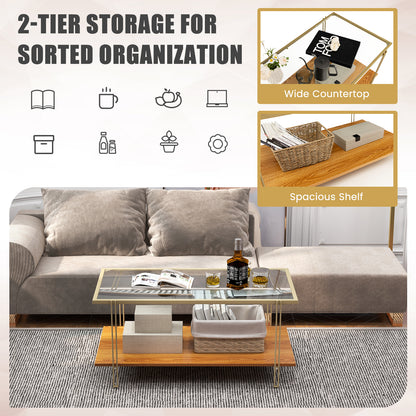  2-Tier Rectangular Cocktail Tea Center Table with Tempered Glass Top and Wooden Storage Shelf