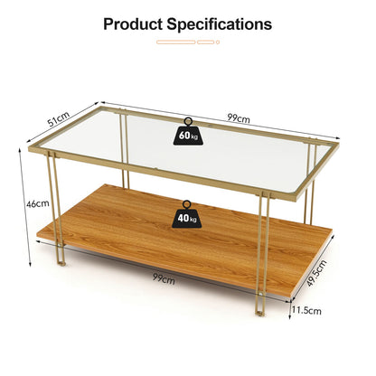  2-Tier Rectangular Cocktail Tea Center Table with Tempered Glass Top and Wooden Storage Shelf