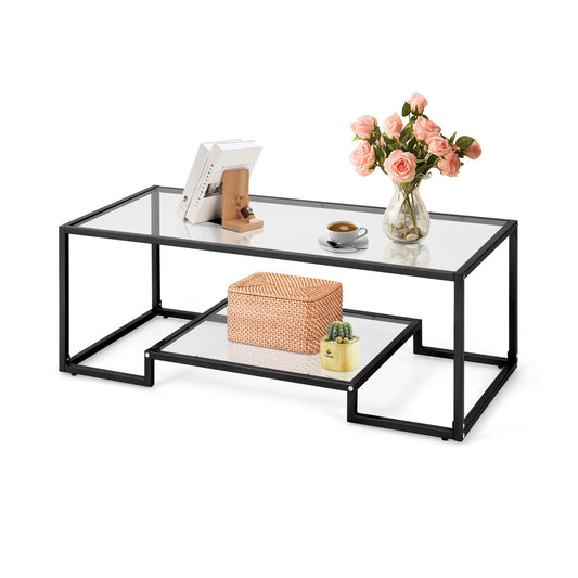 2-Tier Rectangle Tempered Glass Coffee Table with Steel Frame-Black