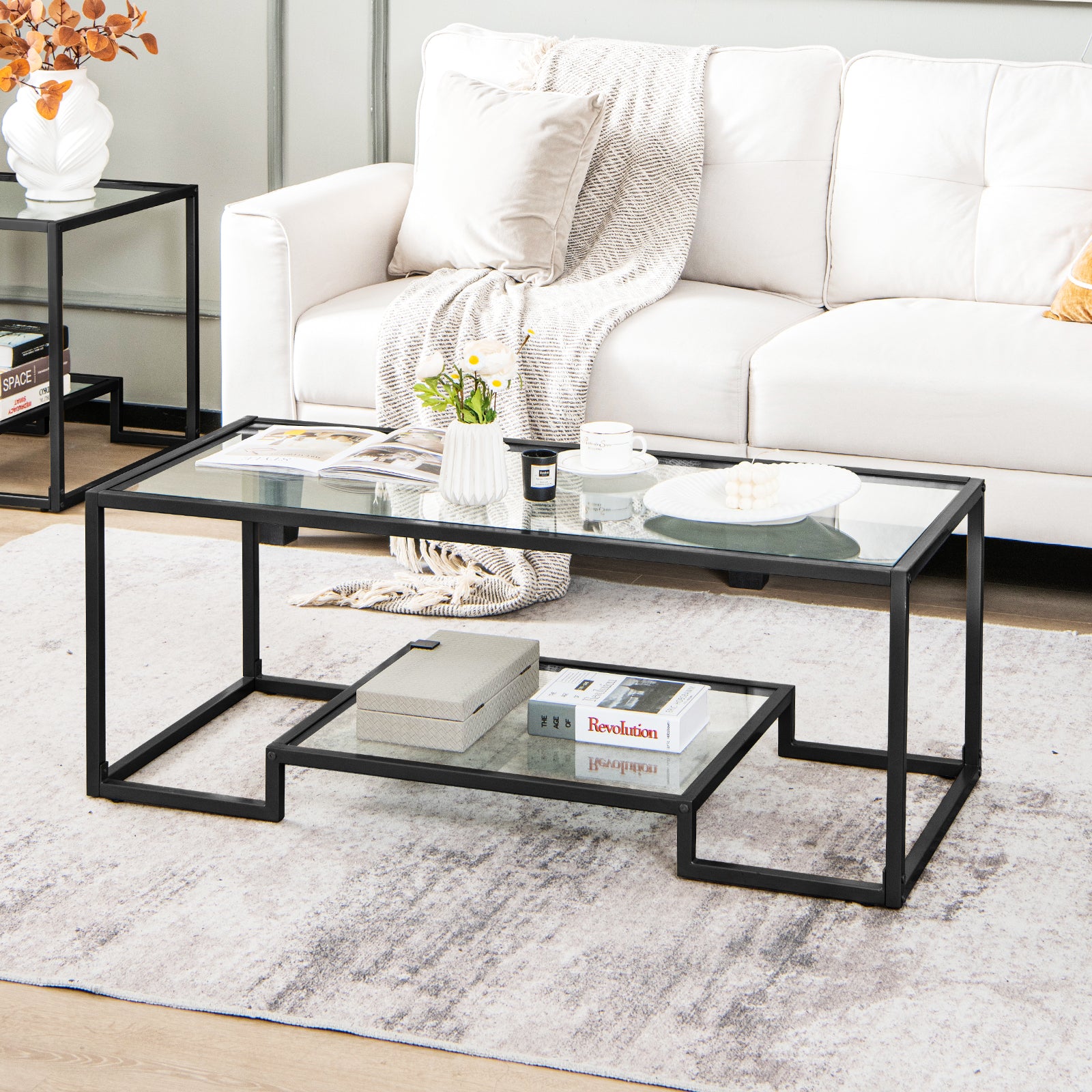 2-Tier Rectangle Tempered Glass Coffee Table with Steel Frame-Black