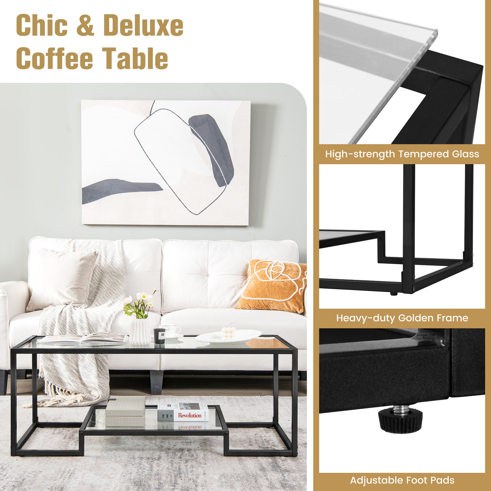 2-Tier Rectangle Tempered Glass Coffee Table with Steel Frame-Black