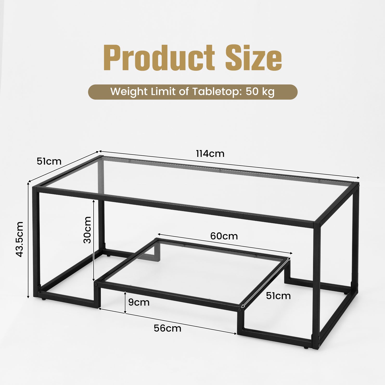 2-Tier Rectangle Tempered Glass Coffee Table with Steel Frame-Black