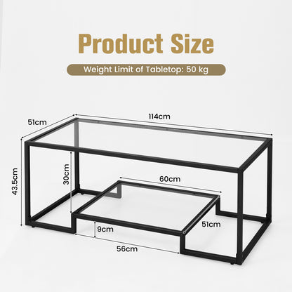 2-Tier Rectangle Tempered Glass Coffee Table with Steel Frame-Black