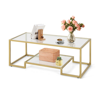 2-Tier Rectangle Tempered Glass Coffee Table with Steel Frame-Golden