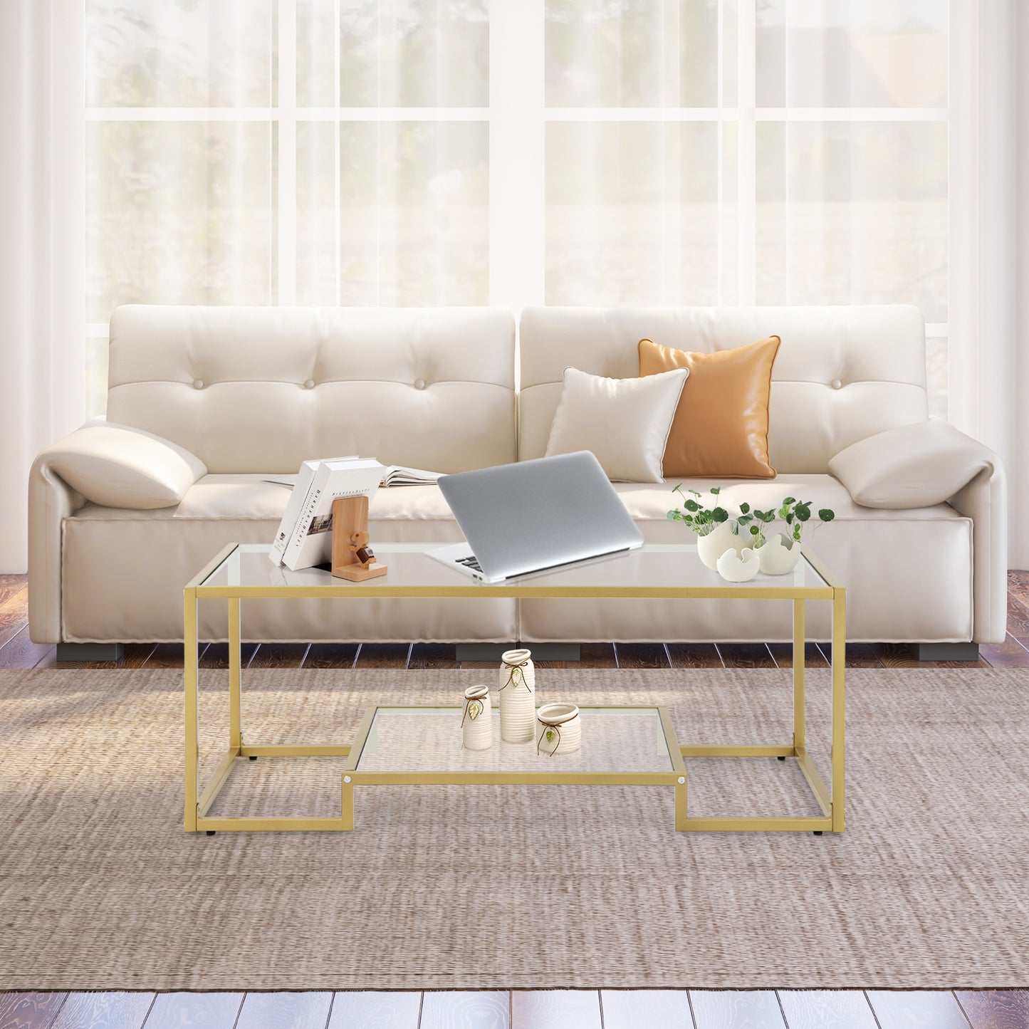 2-Tier Rectangle Tempered Glass Coffee Table with Steel Frame-Golden