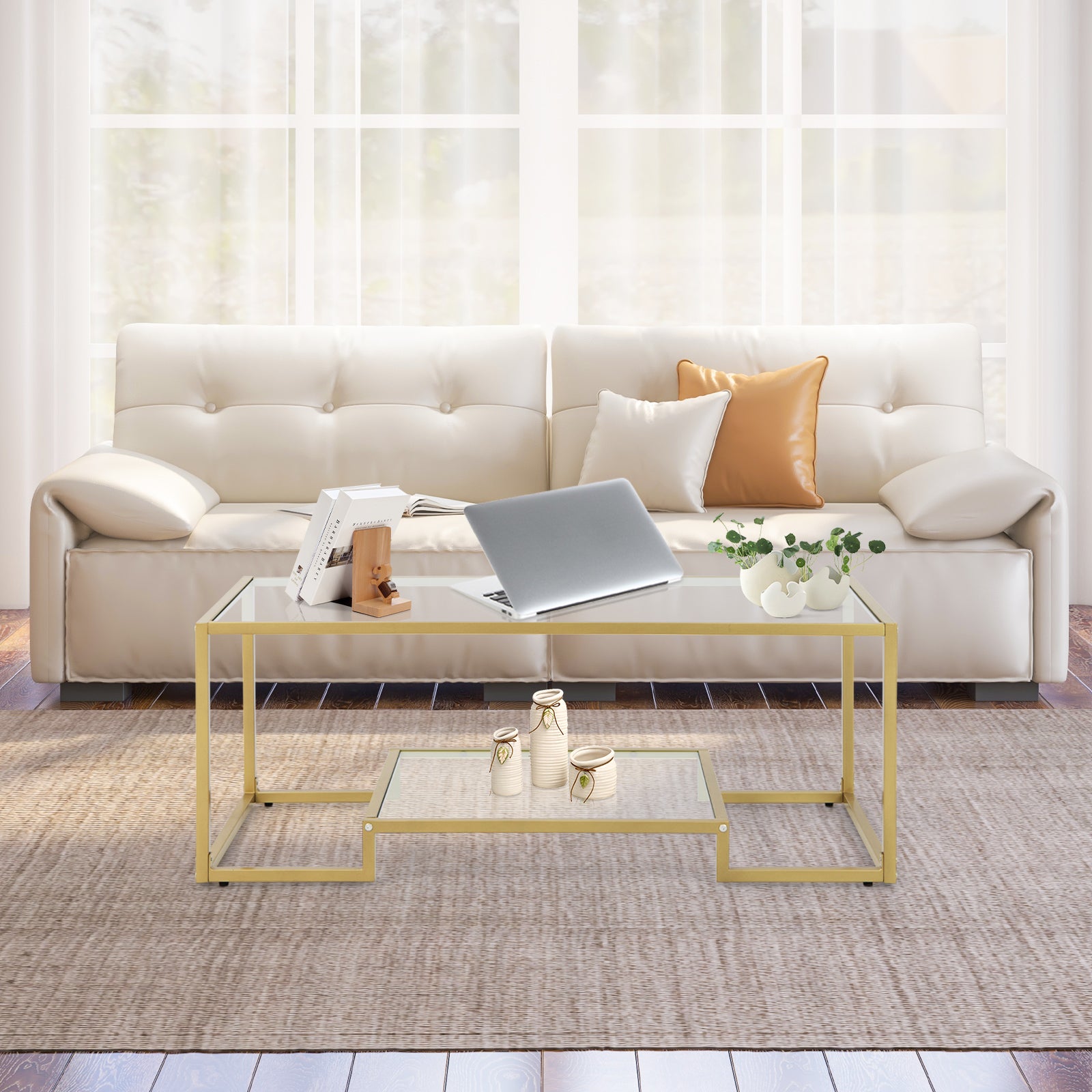 2-Tier Rectangle Tempered Glass Coffee Table with Steel Frame-Golden