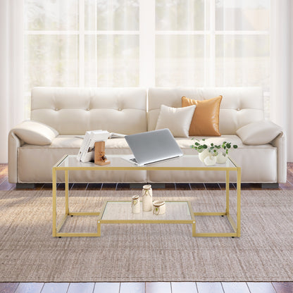 2-Tier Rectangle Tempered Glass Coffee Table with Steel Frame-Golden