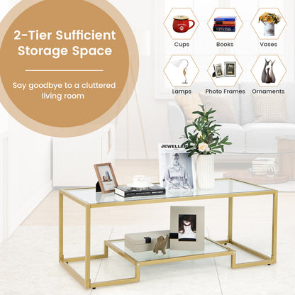 2-Tier Rectangle Tempered Glass Coffee Table with Steel Frame-Golden