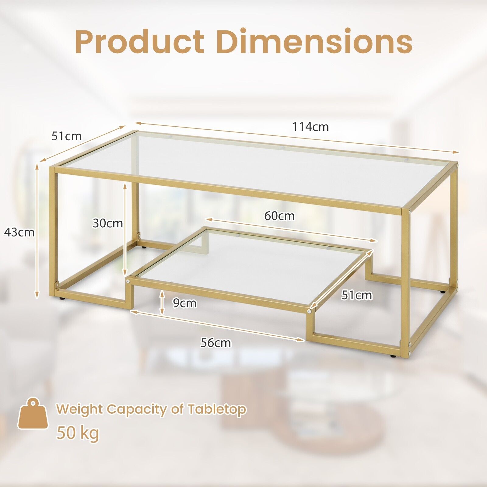 2-Tier Rectangle Tempered Glass Coffee Table with Steel Frame-Golden
